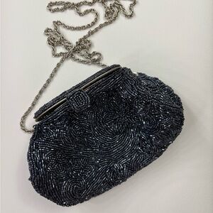 La Regale Elegant Dark Blue Beaded Clutch